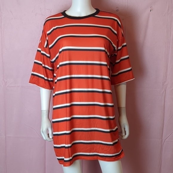 PrettyLittleThing Red Orange Contrast Stripe Oversized Boyfriend T Shirt Dress 4 - Picture 1 of 5